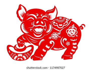 Red traditional paper cut zodiac year of pig with chinese ingot