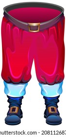 Red traditional santa claus trousers pants and black winter boots christmas costume accessory. Vector cartoon illustration isolated on white