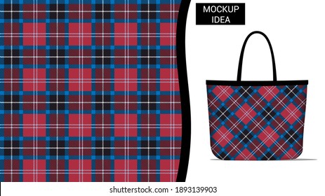 Red Traditional Tartan Plaid Vector Seamless Pattern For Decoration, Fashion, Wallpapers, and prints. Black, Blue, Red, White With Shopping Bag Mockup Premium Vector.