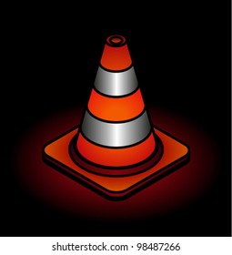 A red traffic cone with white reflective bands. Lit and glowing at night.