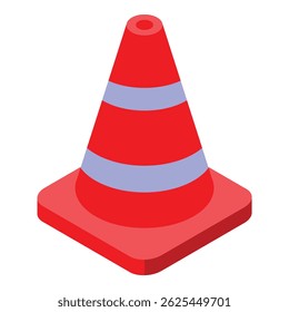 Red traffic cone with white stripes standing on square base, isometric icon