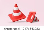 Red traffic cones icon on pink background. construction industrial accident prevention concept. sign symbol warning safety, Cartoon minimal cute smooth. Eps 10 vector. 3d render elements