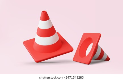 Rotes Verkehrskegel-Symbol auf rosa Hintergrund. Bau-Industrie-Unfall-Prävention-Konzept. Zeichen-Symbol-Warnung-Sicherheit, Cartoon minimal niedlich glatt. EPS 10 Vektorgrafik. 3D-Render-Elemente