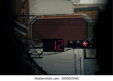 Red traffic light with a timer attached in front of the billboard