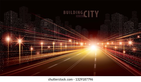 Red traffic light trails on the road and modern building vector, Abstract Futuristic City, Cityscape background. Abstract motion speed in the night City, skyline Perspective, Architecture landscape