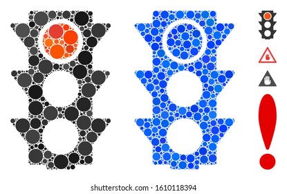 Red traffic lights composition of small circles in different sizes and color tinges, based on red traffic lights icon. Vector filled circles are combined into blue composition.