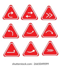Señales de advertencia de tráfico rojas con flechas de dirección - Juego de Vectores de seguridad vial