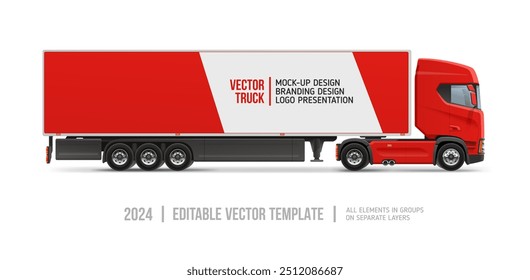 Red Trailer Truck Side view blank mockup. Cargo Truck with space for text or your branding design - editable vector template. Horizontal red semi truck trailer for AD banner and vehicle branding