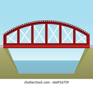 Red train bridge in side view and isolated on white background. Industrial transportation building. Metal bridge architecture. Vector railway bridge. Assembled riveted bridge construction.