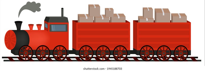 A red train laden with packages.