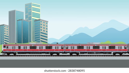 Red train side view design template vector icon logo sign fast run high speed vector tram rail city work carry trip India Indonesia Japan China Asia Asian metro Indian poster summer metro move seat pass rapid urban mount 