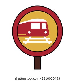 A red train sign on a yellow background with white tracks, indicating railway station or transportation