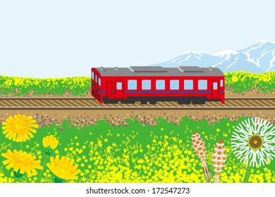 Red train in spring nature