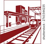 Red train station with train tracks and buildings railway