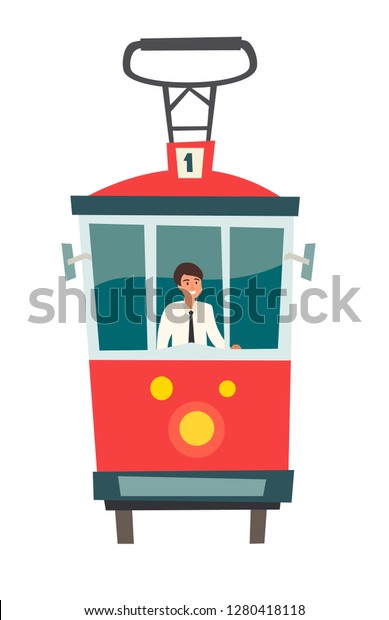 Red tram, Public transport with driver,\
vector illustration. Istanbul, Turkey Historical transport isolated\
on white background. Flat cartoon\
style