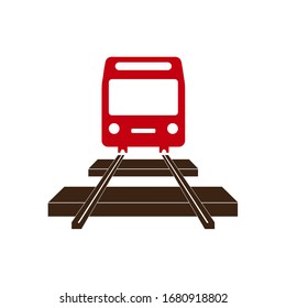 red tram rides on rails, flat icon, vector