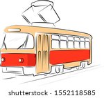 Red tram with thin black outlines and basic light brown colors. Tram sketch on white background.