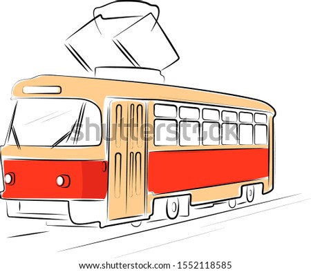 Red tram with thin black outlines and basic light brown colors. Tram sketch on white background.