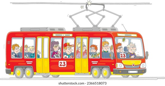 Red tramway with a smiling driver and a noisy company of funny passengers with their things riding along a city street, vector cartoon illustration isolated on a white background