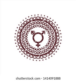 Red transgender icon inside distressed rubber stamp with grunge texture