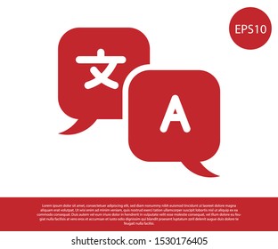 Red Translator icon isolated on white background. Foreign language conversation icons in chat speech bubble. Translating concept.  Vector Illustration