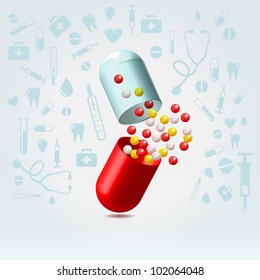 Red and transparent capsule suddenly opened in lighted space on a medical icons background illustration