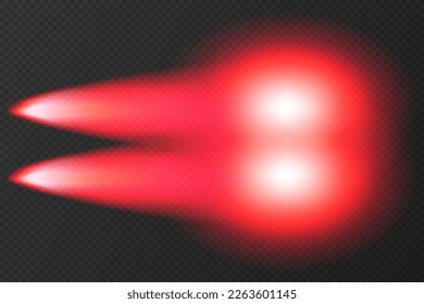 Red transparent car headlight top view on night background. Vector shine beam on dark road. Glow effect of LED auto spotlight. Bright vehicle light in nighttime template