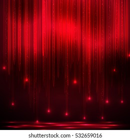 red transparent drops with sparks. Vector graphics. Shining abstract background. Strips of different lengths