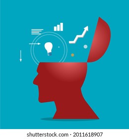 red transparent head and various icons coming out from the top of his head
