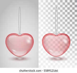 Red transparent heart isolated on transparent Checkered Background.Glass decoration romantic Valentines Day on a transparent background. Glass vector object design, layout. Vector illustrator. 10 EPS