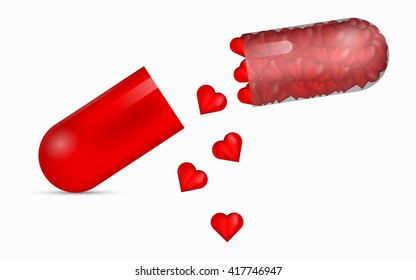 Red transparent pill full of glossy 3D hearts. Halved health object.