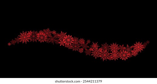 Red transparent snowflake vector illustration banner on black background, festive Christmas or winter holiday greeting border template, isolated