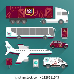 Red transport advertising design with mobile and communication icons. Templates of the truck, bus, passenger car and plane. Corporate identity