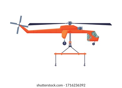 Red Transport Helicopter, Cargo Transportation Service Vehicle Flat Vector Illustration