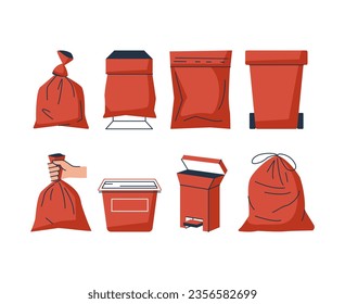 Bolsas de basura rojas, contenedores y contenedores. Conjunto de iconos en dibujos animados o de estilo plano aislados en un fondo blanco, ilustración vectorial.