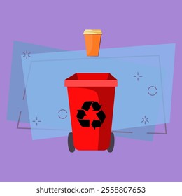 Red trash bin and disposable cup. Container for paper waste with recycling sign and wheels. Vector illustration can be used for topics like waste sorting, garbage, ecology