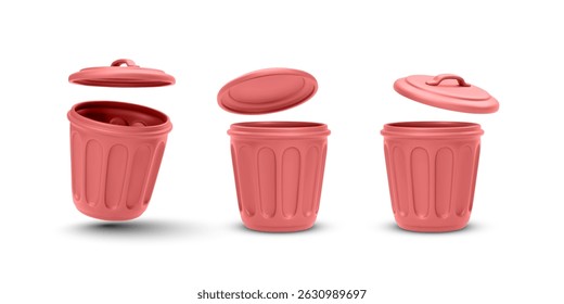 Red Trash Bin With Flying Lid. Minimal Plastic Waste Container Design for Sorting, Recycling, or Environmental Graphics. Clean and Colorful Style. Vector Illustration