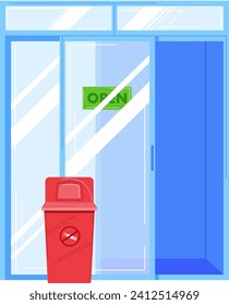 Red trash bin in front of a glass entrance door with an open sign. Clean and minimalistic urban waste management vector illustration.