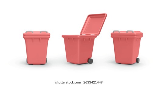 Red Trash Bin in Open and Closed Position. Plastic Waste Container for Recycling and Garbage Sorting, Minimal and 3d Clean Design. Vector Illustration