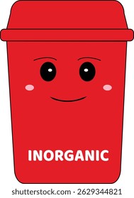 A red trash bin vector labeled "INORGANIC" with a cheerful face, designed in flat cartoon style for school-themed visuals.