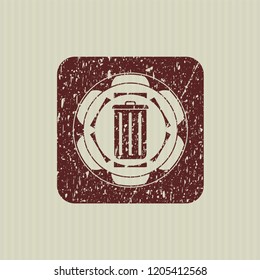 Red trash can icon inside distress rubber seal with grunge texture