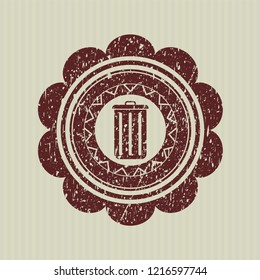Red trash can icon inside distressed rubber grunge seal