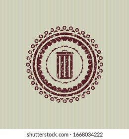 Red trash can icon inside distressed with rubber seal texture
