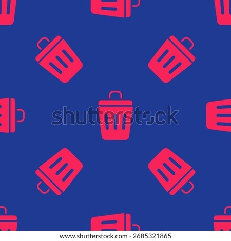 Red Trash can icon isolated seamless pattern on blue background. Garbage bin sign. Recycle basket icon. Office trash icon.  Vector