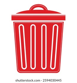 Red trash can vector icon silhouette isolated on a white background, waste bin symbol representing garbage disposal, recycling, cleanliness, sanitation, and environmental awareness in a simple