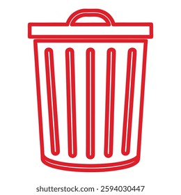 Red trash can vector icon silhouette isolated on a white background, waste bin symbol representing garbage disposal, recycling, cleanliness, sanitation, and environmental awareness in a simple