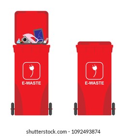 Red trash cans with electronic waste. Sorted rubbish. Vector illustration.