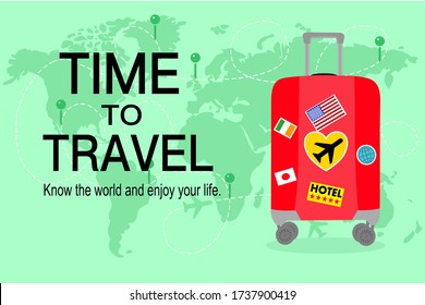 red Travel bag with stickers on green world map and airplanes with text. "Time to travel, know the world and enjoy your life". Tourism and Journey concept. 