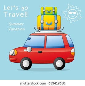 Red travel family car with suitcases on a luggage rack. Summer vacation illustration.