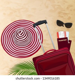 Red travel suitcase on the sandy beach. Vector illustration.